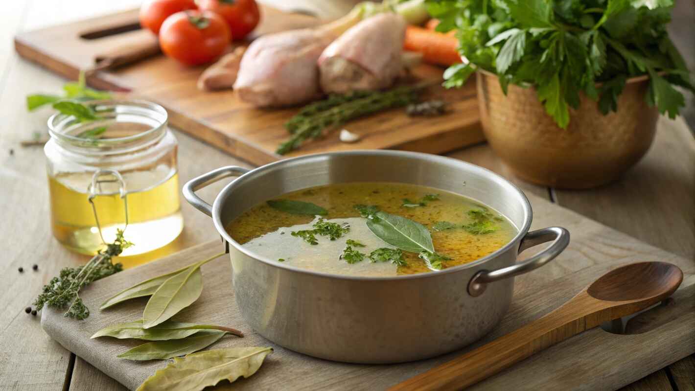 A Rustic Wooden Kitchen Counter With A Steaming Pot Of Golden Chicken Bone Broth recipe