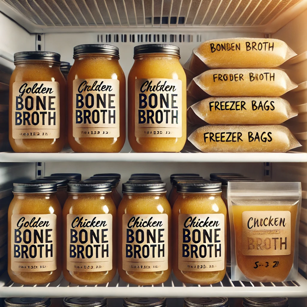Labeled jars of chicken bone broth in a refrigerator with freezer bags stacked neatly.