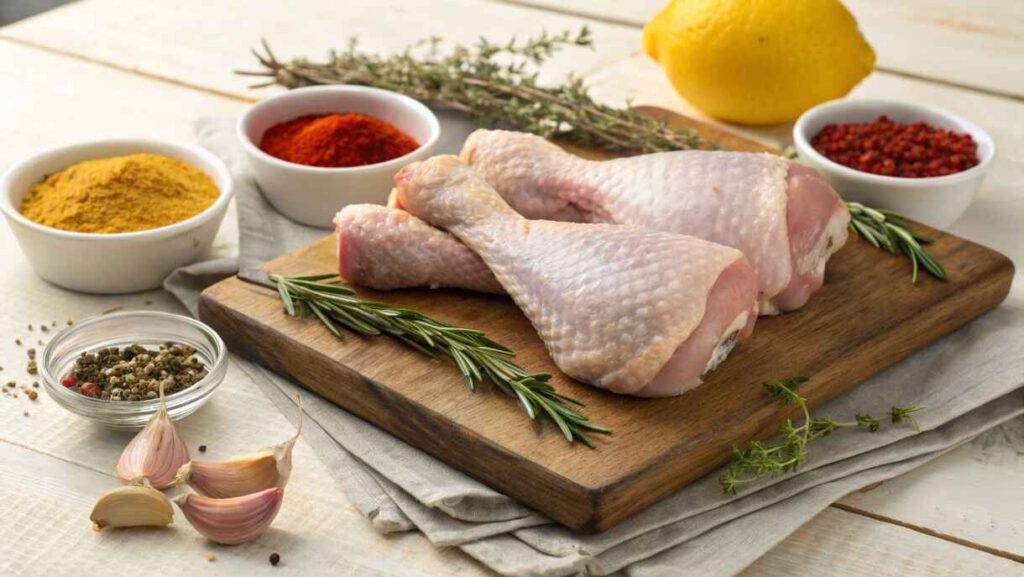 Raw Turkey Drumsticks Placed On A Rustic Wooden Cutting Board, Surrounded By Small Bowls Of Paprika, Black Pepper, Garlic Powder, And Dried Thyme, Along With Fresh Rosemary Sprigs And A Halved Lemon.