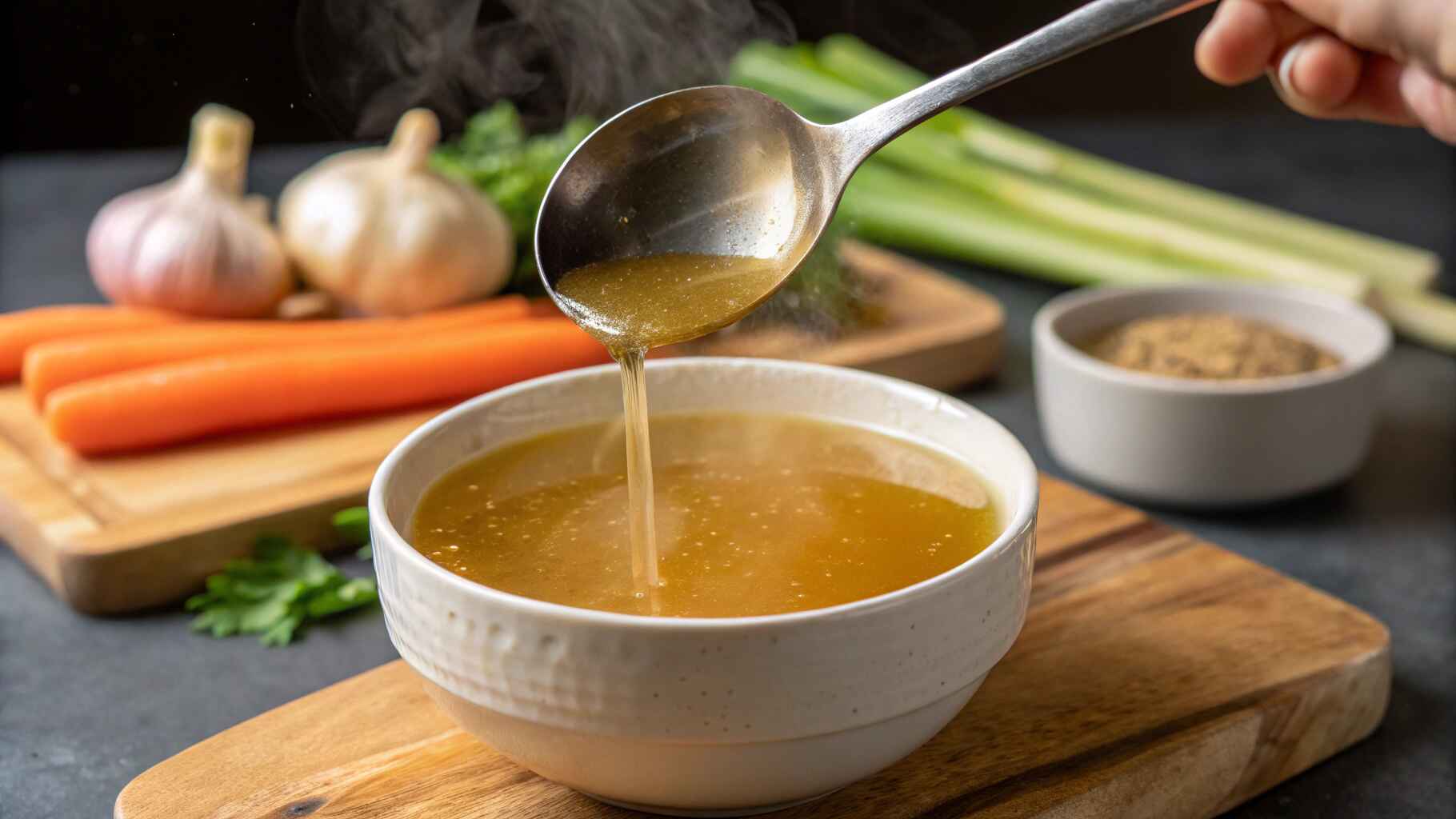 A Hand Pouring Rich, Golden Chicken Bone Broth recipe From A Ladle Into A White Ceramic Bowl.