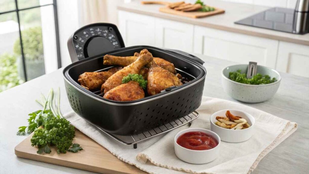 Air Fried Turkey Drumsticks Placed In A Sleek Air Fryer Basket.