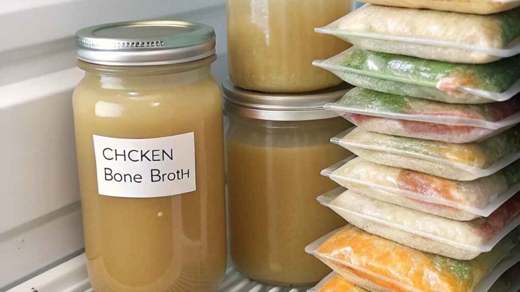 Labeled Jars Of Chicken Bone Broth Recipe In A Refrigerat