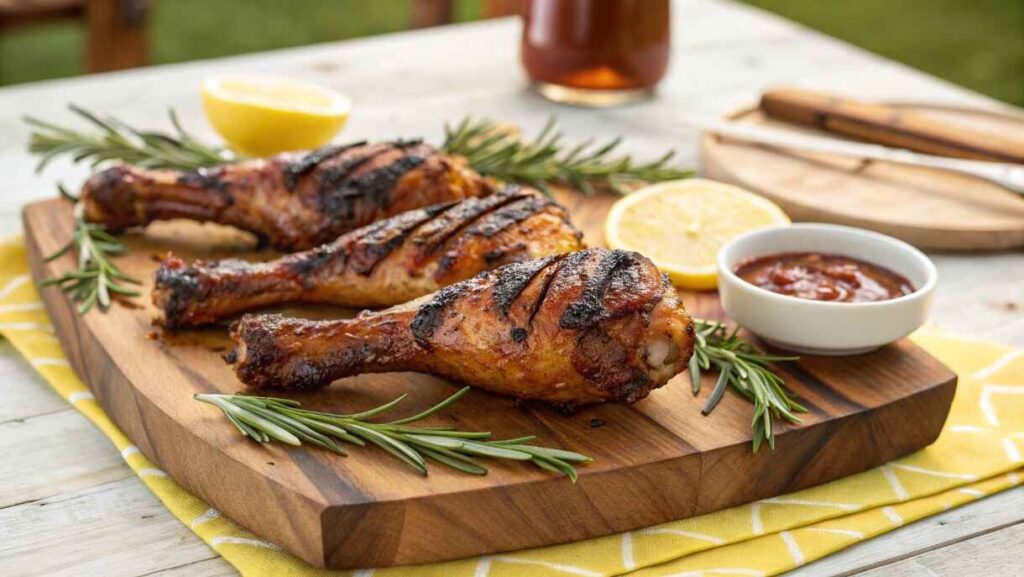 Perfectly Grilled Turkey Drumsticks With Charred, Crispy Skin, Sitting On A Wooden Serving Board.