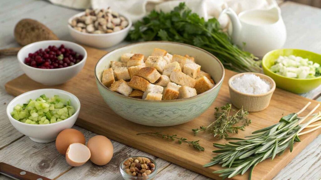 A Beautifully Arranged Flat Lay Of Common Stuffing Ingredients On A Rustic Wooden Countertop.