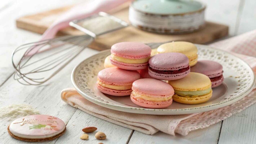 A Beautifully Arranged Plate Of Delicate French Macaron Vs Macaroon In Pastel Colors, Featuring A Smooth, Glossy Shell With Signature Feet Around The Edges.