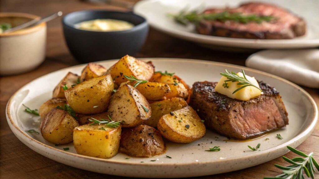 A Beautifully Plated Dish Of Viking Potatoes, Meat—golden, Crispy Roasted Potatoes With A Rustic, Herb Infused Crust, Served On A Simple Yet Elegant Ceramic Plate.