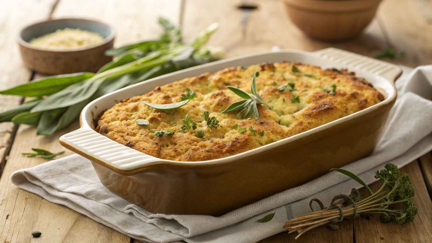 A Golden Brown Stuffing Cornbread Dressing Baked To Perfection In A Rustic Ceramic Casserole Dish.