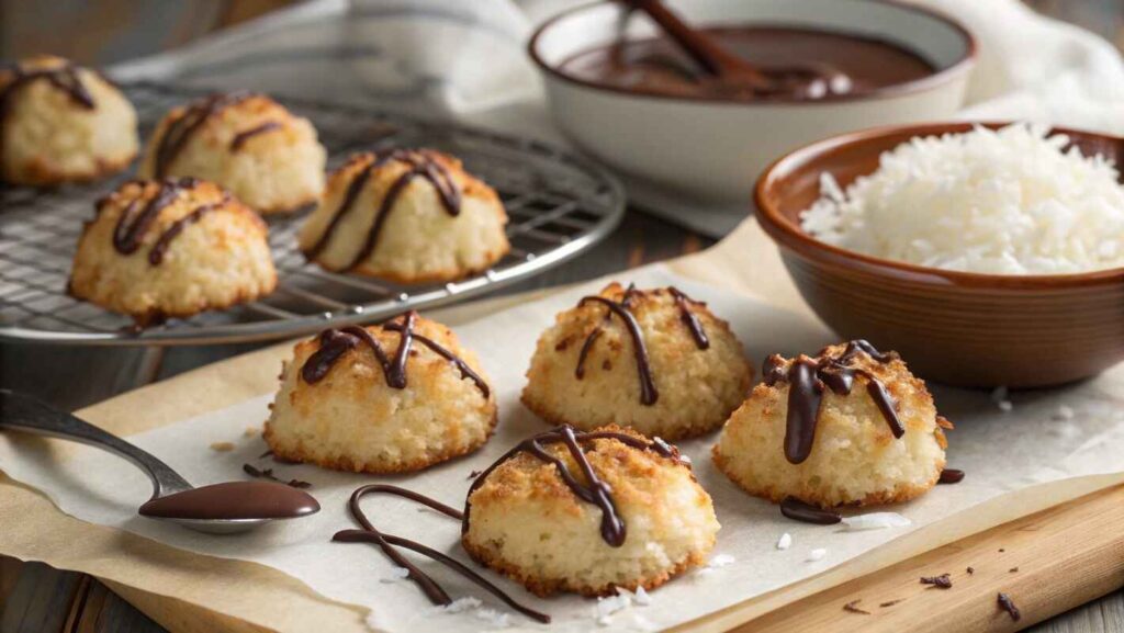 A Plate Of Golden Macaron vs Macaroon. Brown Coconut Macaroons, Crispy On The Outside And Soft On The Inside, With Visible Shredded Coconut Texture.