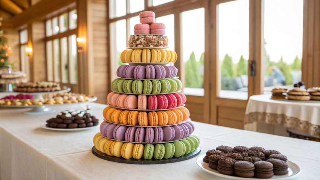 A Stunning Macaron So Famous Tower Arranged In A Perfect Pyramid, Featuring Colorful Layers Of Delicate French Macarons In Shades Of Purple, Green, Yellow, Orange, And Pink.