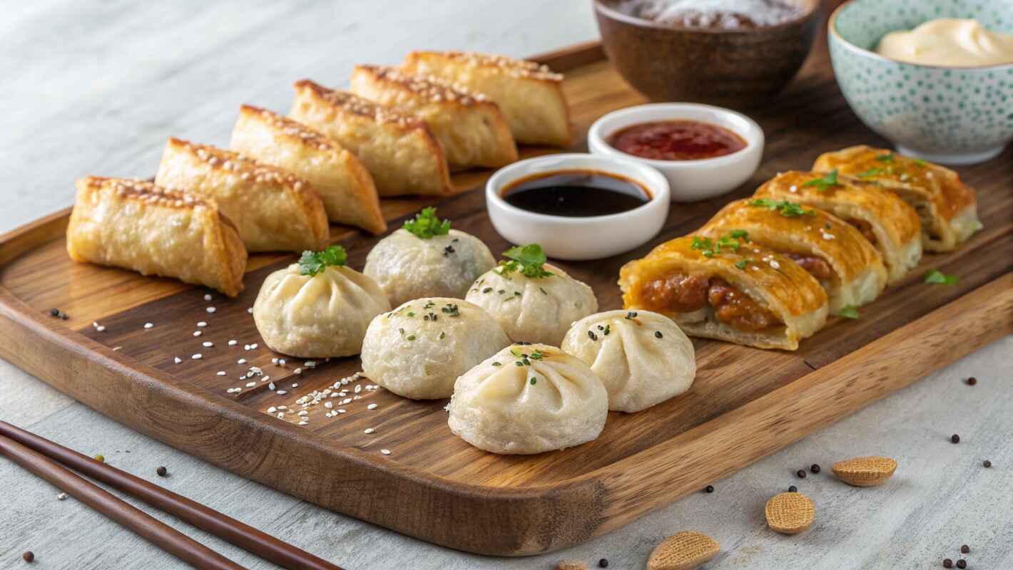 An Elegant Spread Stuffing Of Assorted Pastries And Dumplings With A Variety Of Savory And Sweet Fillings, Beautifully Arranged On A Rustic Wooden Platter.