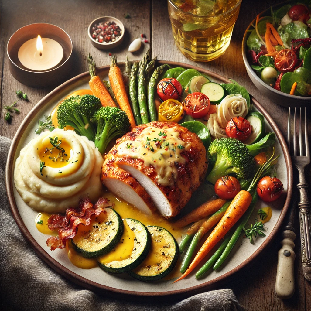A table setting with Alice Springs Chicken, potatoes, and green beans
