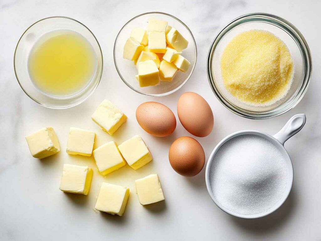 lemon juice curdles butter Ingredients Arranged On A White Marble Surface, Including Fresh Eggs, Cubed Butter, Granulated Sugar, Lemon Juice, And Lemon Zest.