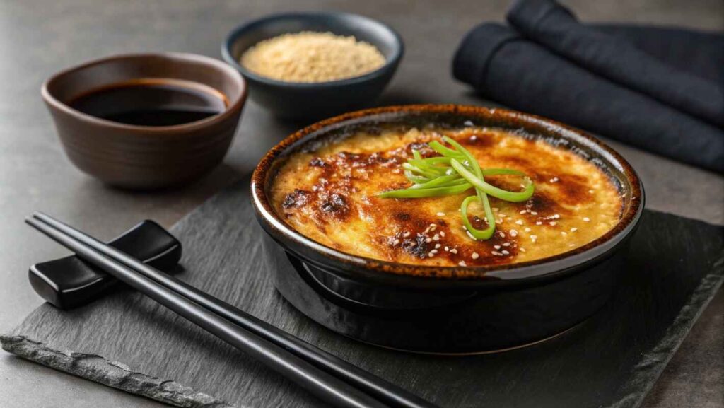 A Miso Infused Crab Brûlée Recipe Served In An Elegant Black Ceramic Dish.