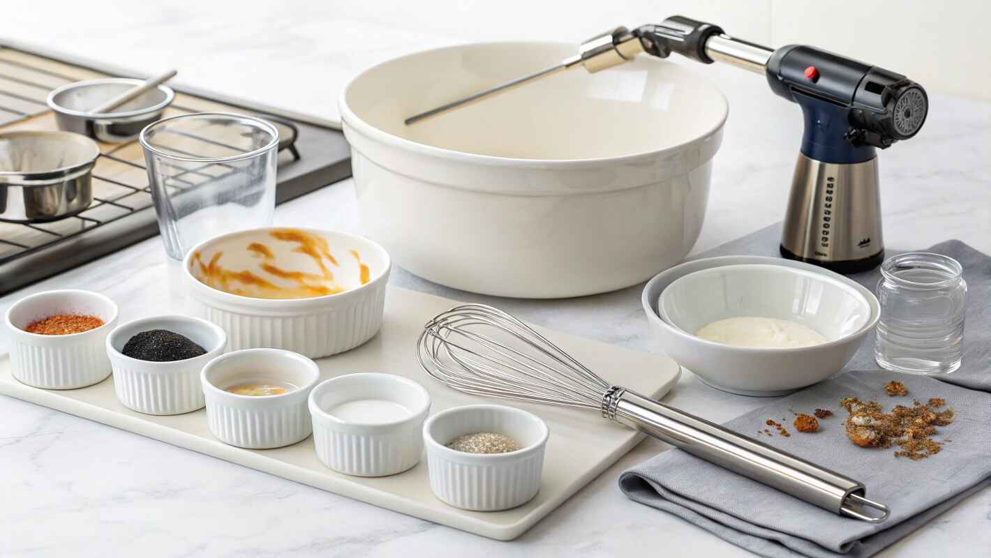 A Professional Kitchen Setup For Making Crab Brûlée Recipe
