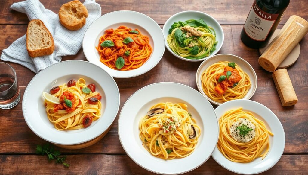 A vibrant display of Italian regional pasta dishes, showcasing the richness of traditional recipes and the variety of pasta styles, contrasting with the American favorite, baked ziti.
