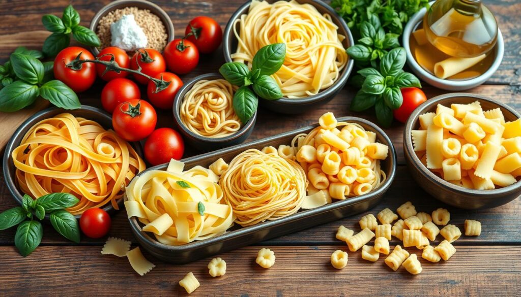 A variety of Italian pasta shapes like pappardelle, orecchiette, and gnocchi on a rustic table with basil, tomatoes, and olive oil, bathed in soft natural light.