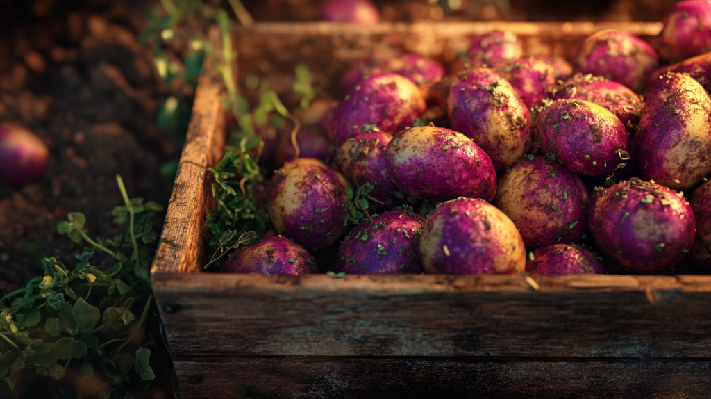 A close-up of freshly harvested Viking potatoes with vibrant red and purple skin and creamy white flesh, displayed in a rustic wooden crate surrounded by sprigs of fresh herbs under soft natural lighting.