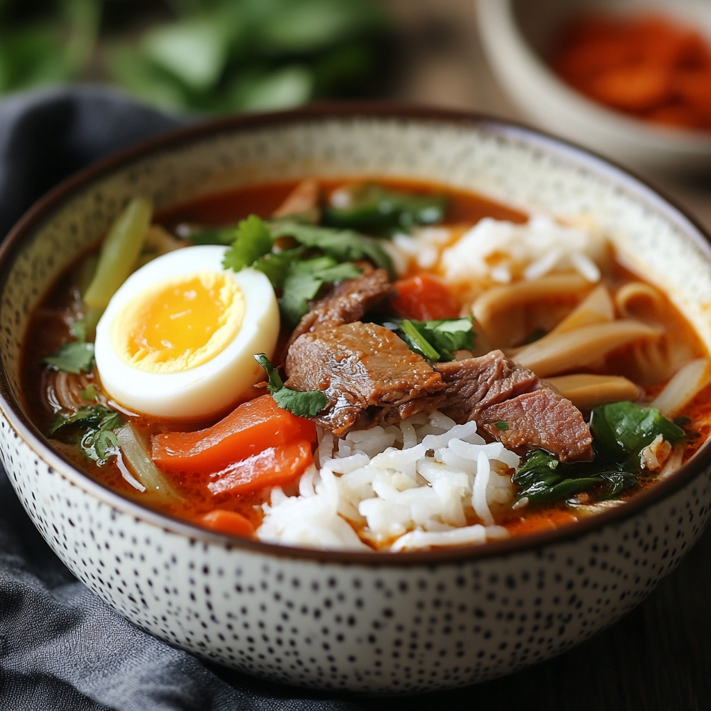 A steaming bowl of rice and noodles in broth, topped with meat, vegetables, and a soft-boiled egg, with a blurred background.