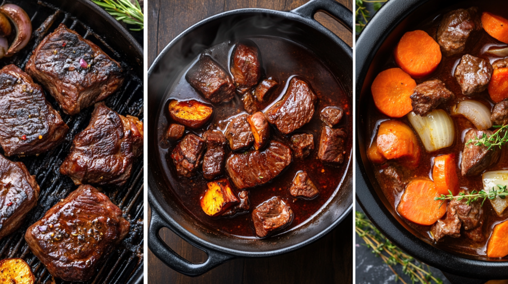 Three cooking methods for beef heart: grilling with smoky grill marks, braising in a pot with vegetables, and slow cooking with aromatic herbs