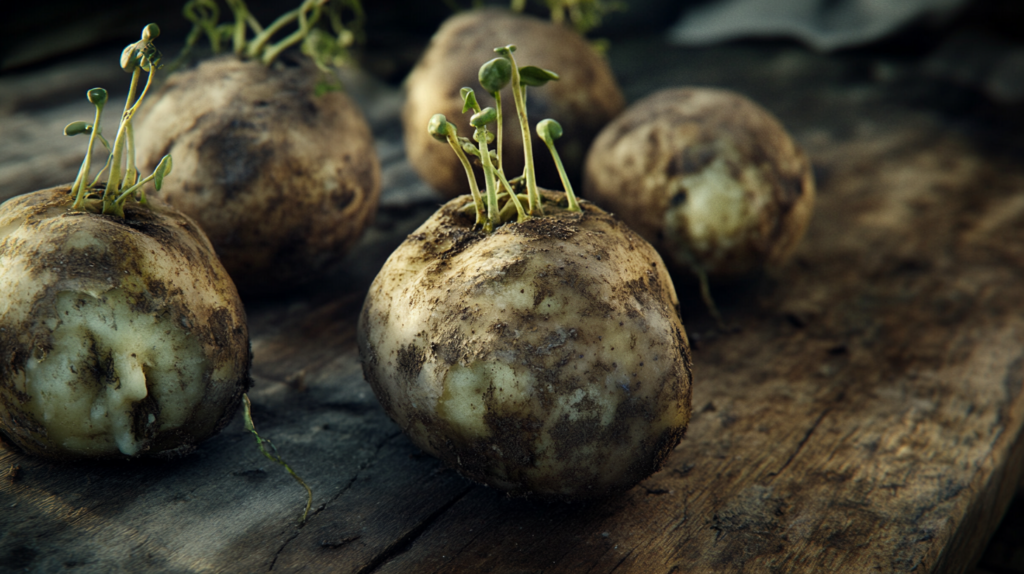 Close-up of Viking potatoes showing signs of spoilage, including green skin, soft spots, mold patches, and long sprouts, highlighting visible decay and deterioration.