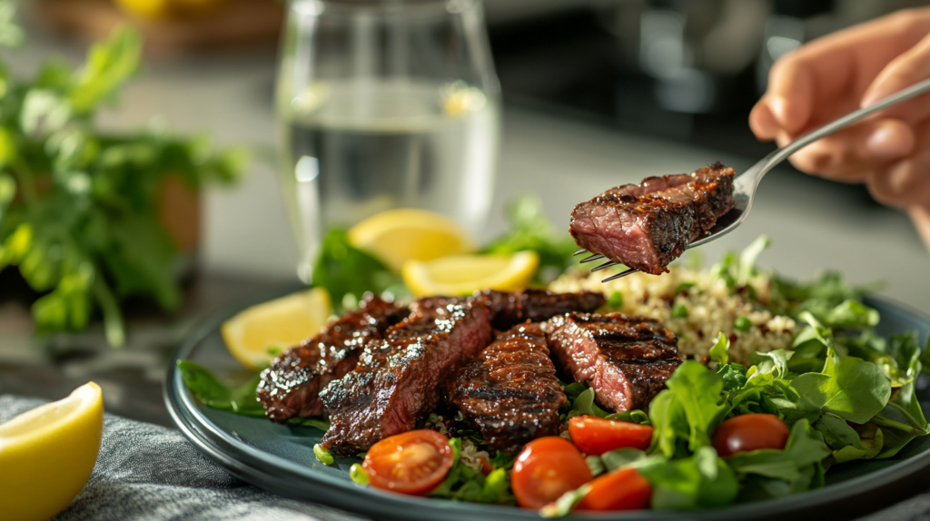 A healthy, active person enjoying a meal featuring grilled beef heart slices paired with a colorful salad, set in a bright kitchen filled with fresh vegetables and herbs.