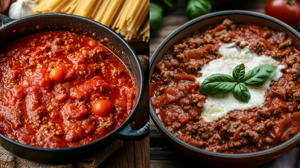Side-by-side sauces for baked ziti and lasagna: rich marinara sauce simmering in a pot with fresh tomatoes, garlic, and basil, alongside hearty meat ragù with ground beef, onions, wine, and creamy béchamel in a bowl, displayed on a rustic wooden table with warm lighting.