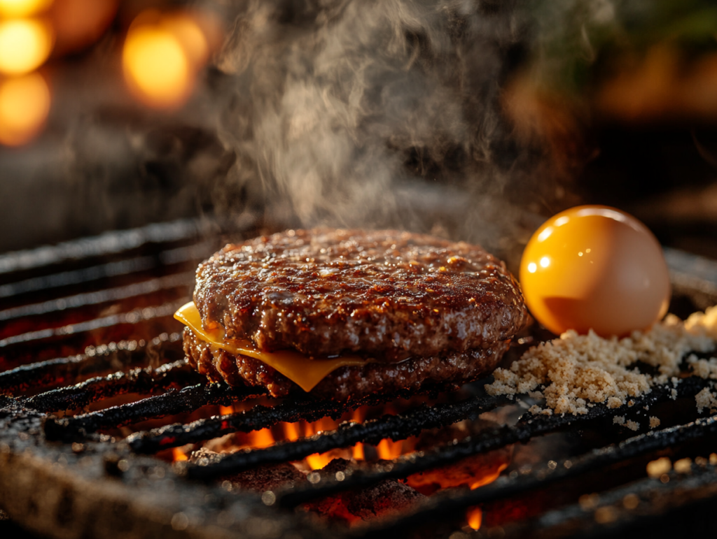 A juicy burger patty sizzling on a grill with a cracked egg and breadcrumbs beside it, set in a rustic outdoor kitchen.