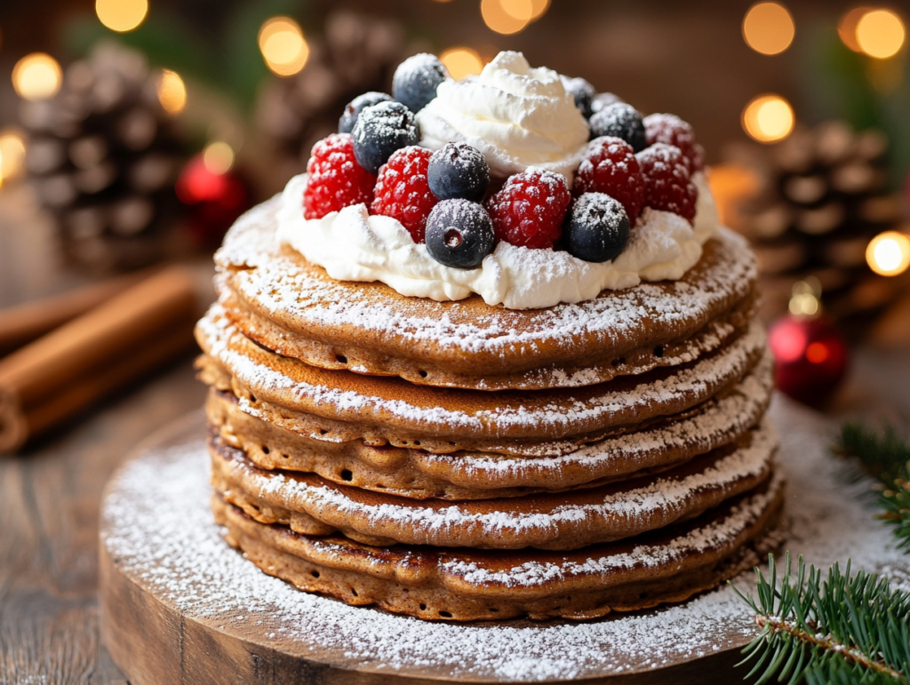 A stack of gingerbread pancakes topped with whipped cream, powdered sugar, and fresh berries, set on a rustic wooden table with holiday decorations.