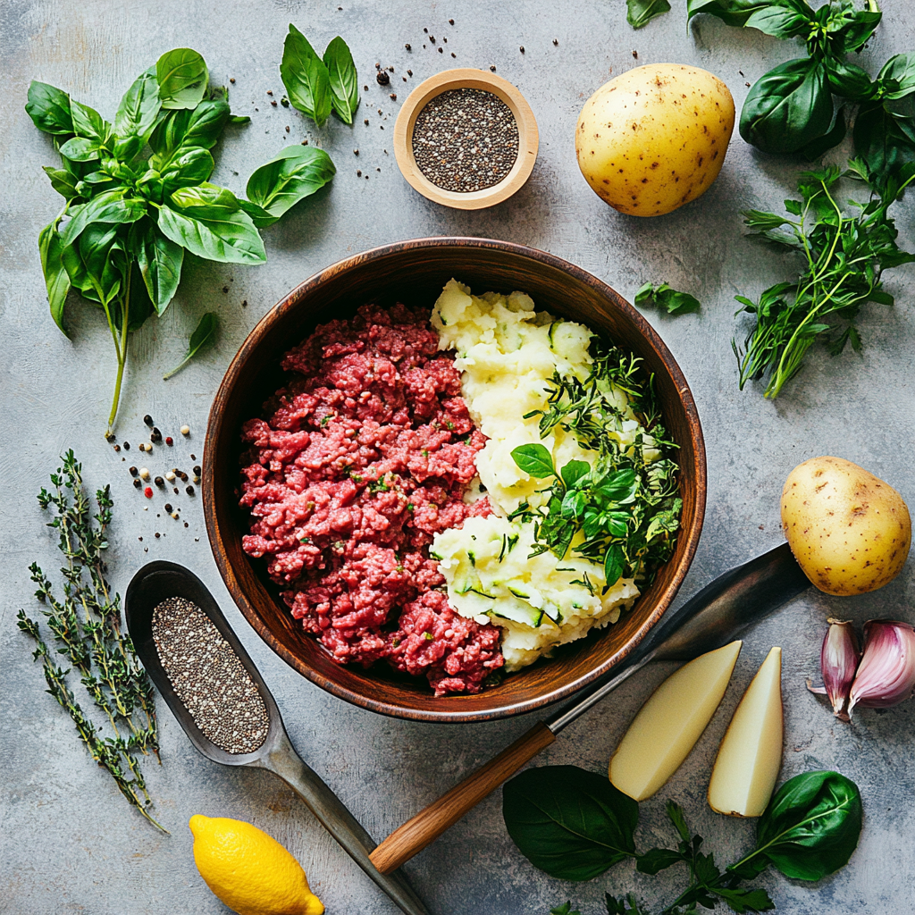 A mixing bowl with ground beef, grated zucchini, mashed potatoes, and chia seed gel, surrounded by herbs and spices on a vibrant kitchen countertop.