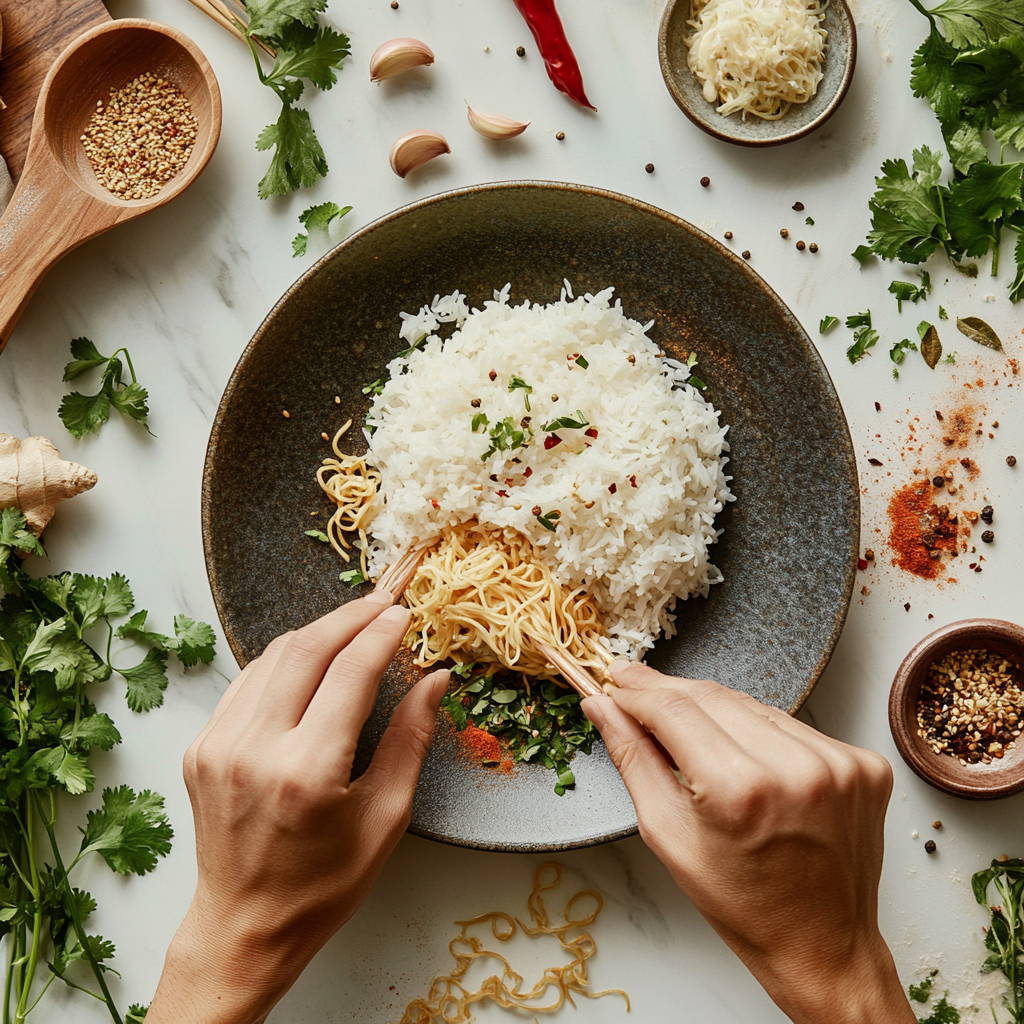 An overhead shot of a chef assembling a dish with rice and noodles, surrounded by herbs, spices, and kitchen tools.