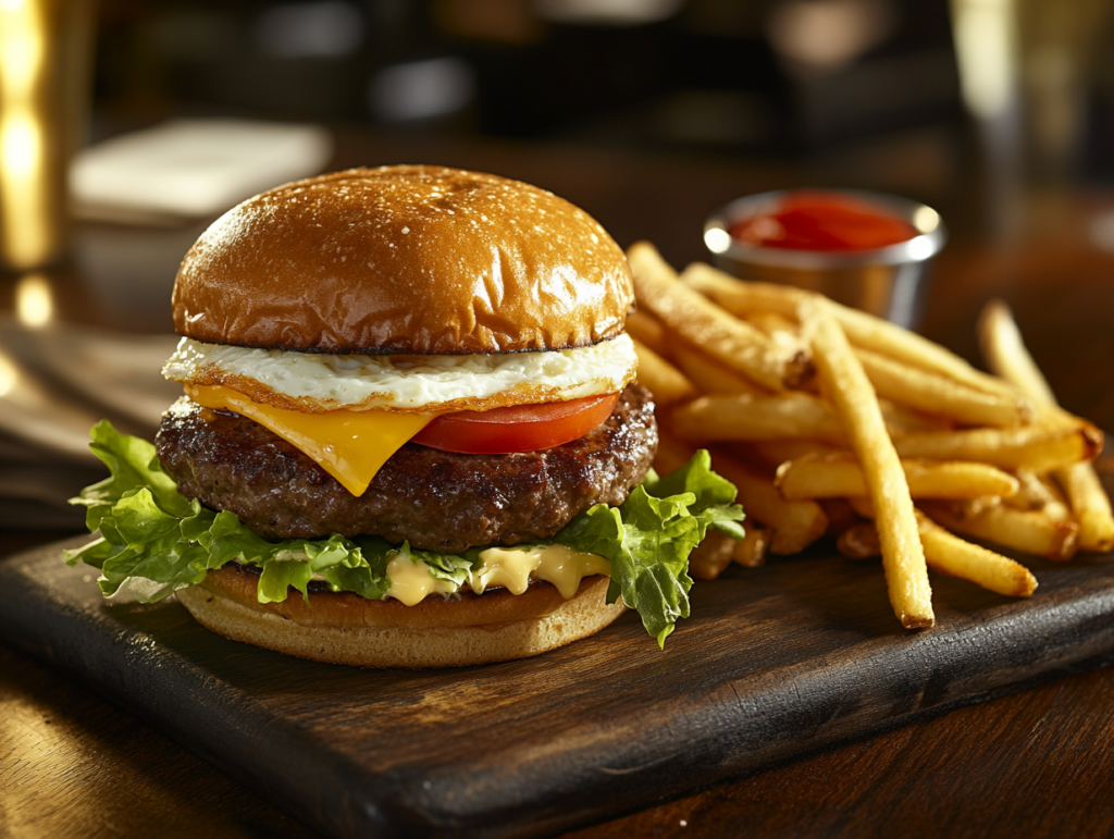 Gourmet beef burger with a fried egg, lettuce, and tomato, served with fries on a wooden board.