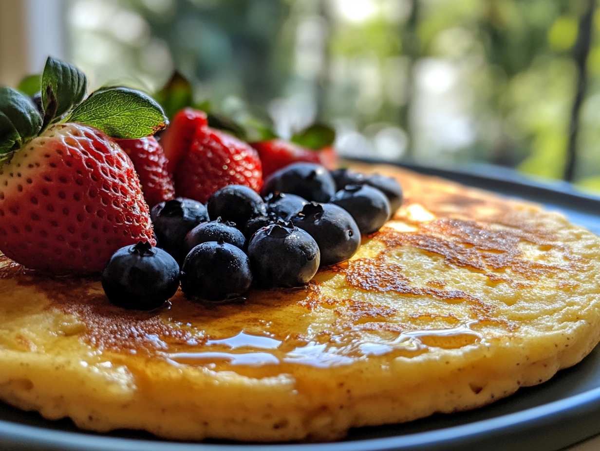 A plate of golden-brown pancakes topped with fresh blueberries, strawberries, and a drizzle of honey, served in a bright and inviting setting.