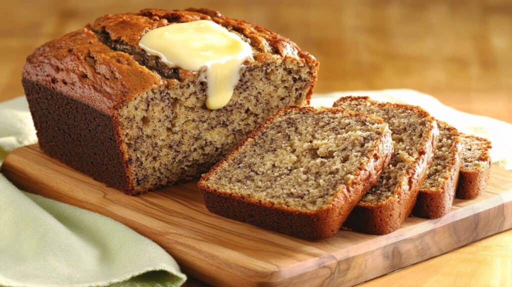 Sliced Moist Banana Bread With Melting Butter On A Wooden Board, Accented By A Pastel Green Towel And Soft Lighting.