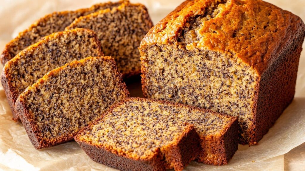 Vertical Image Of Vegan Moist Banana Bread, With A Full Loaf And Stacked Slices On Beige Parchment Paper.