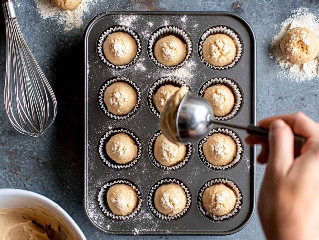 A Baking Scene Focused On Evenly Portioning Mini Muffin Baking Times Batter Into A Non Stick Mini Muffin Tray.