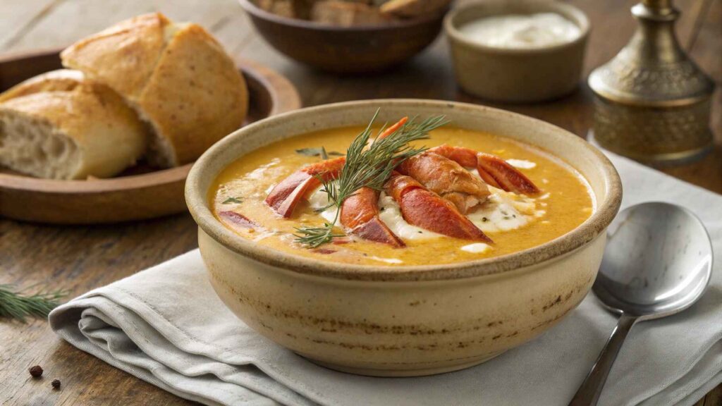 Bowl Of Rich Lobster Claws Soup Served In A Rustic Ceramic Bowl.