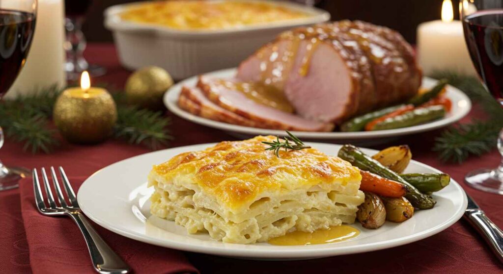 Plated Scalloped Potatoes With Sliced Ham And Roasted Vegetables On A Holiday Table.