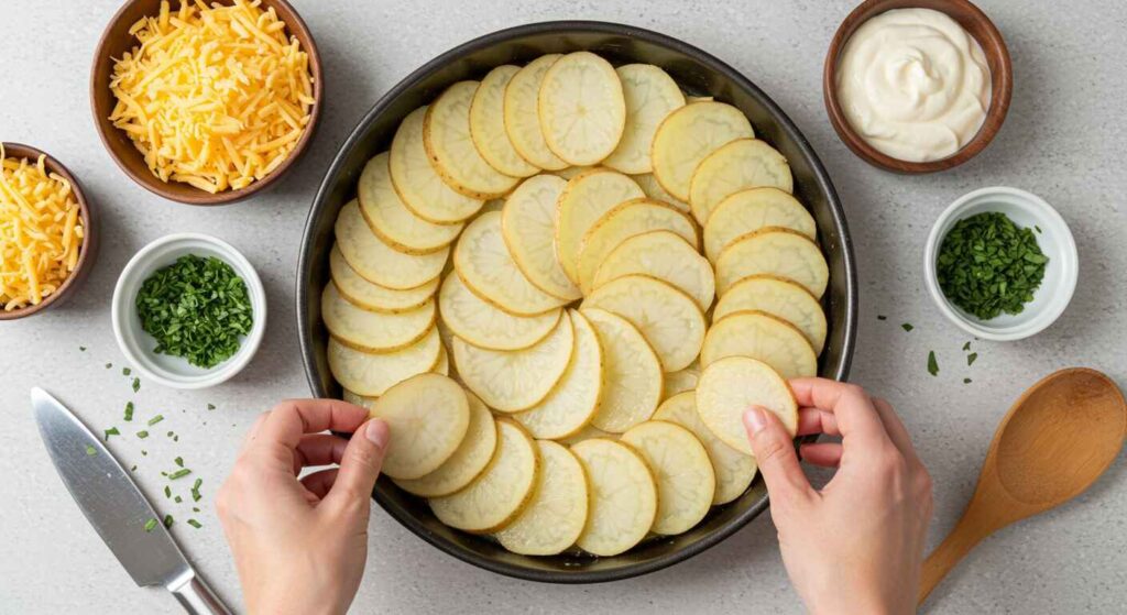Top Down View Of Hands Layering Potatoes In A Dish With Cheese And Sauce Bowls Nearby.