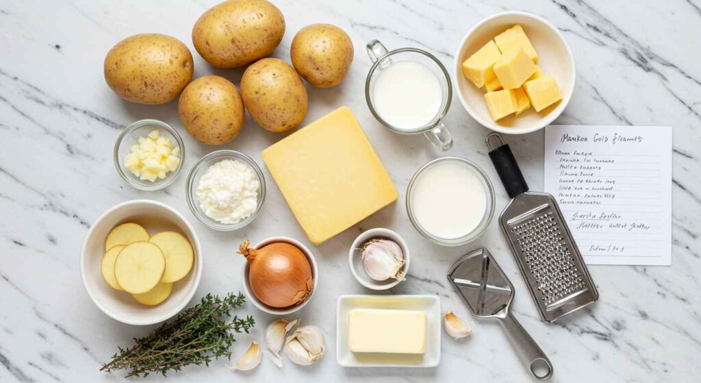 Top Down View Of Ingredients For Scalloped Potatoes Arranged On A Marble Surface With A Recipe Card.