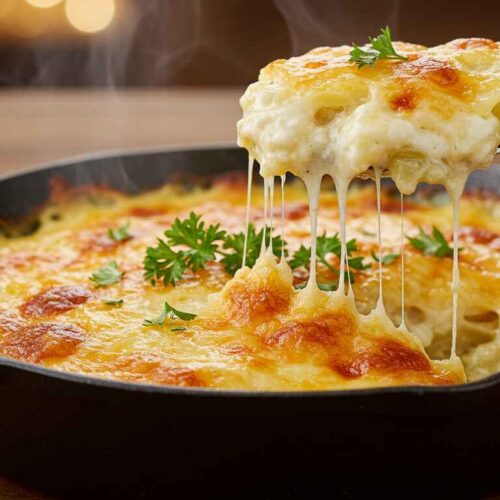 Cheesy Scalloped Potatoes With A Spoon Lifting A Creamy Serving.