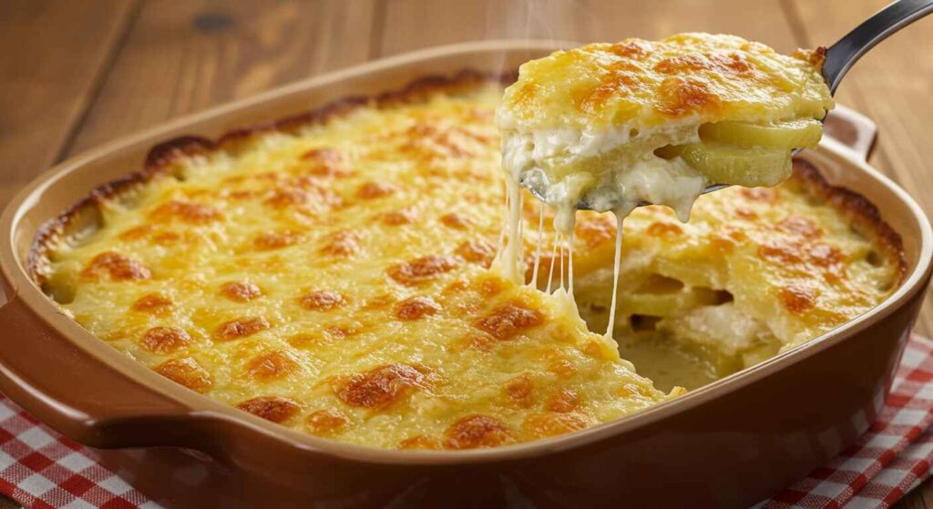Close-up of golden, cheesy scalloped potatoes with a spoon lifting a creamy serving.