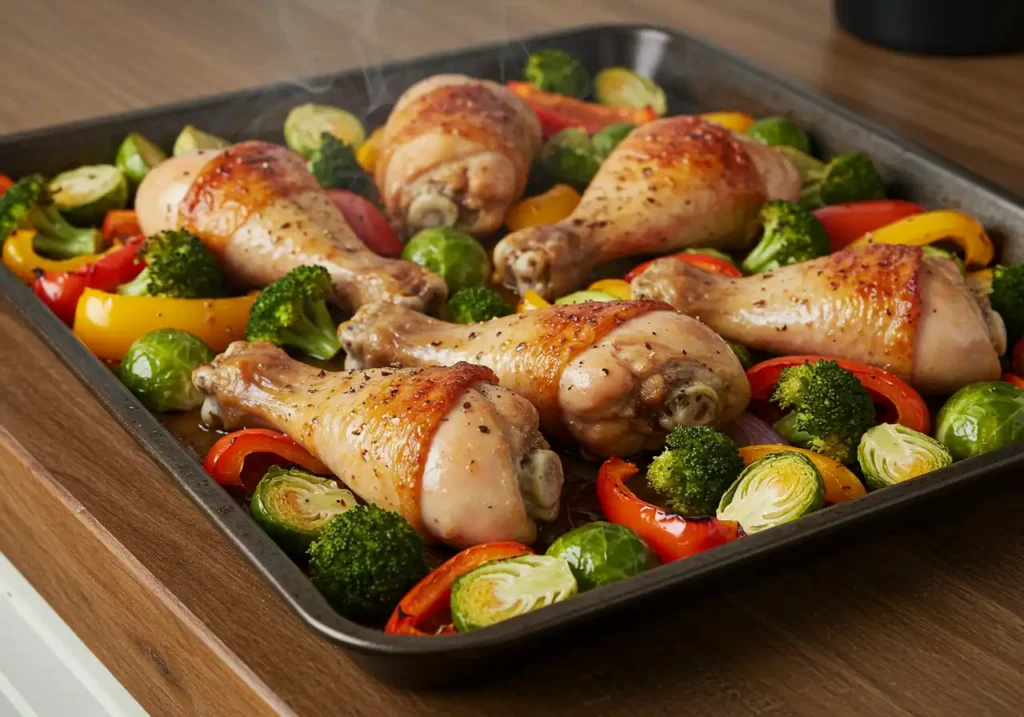 Crispy Chicken Drumsticks On A Sheet Tray With Roasted Veggies